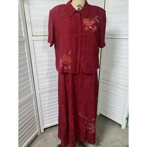 K Studio Women’s 2 Piece Set Sheath Dress Top /Shrug Red Sequin Embroidery Sz 16